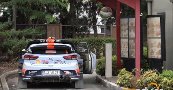 WRC Car Drive Thru Through KFC Hyundai i20 2