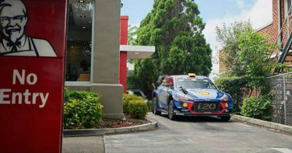 WRC Car Drive Thru Through KFC Hyundai i20 1